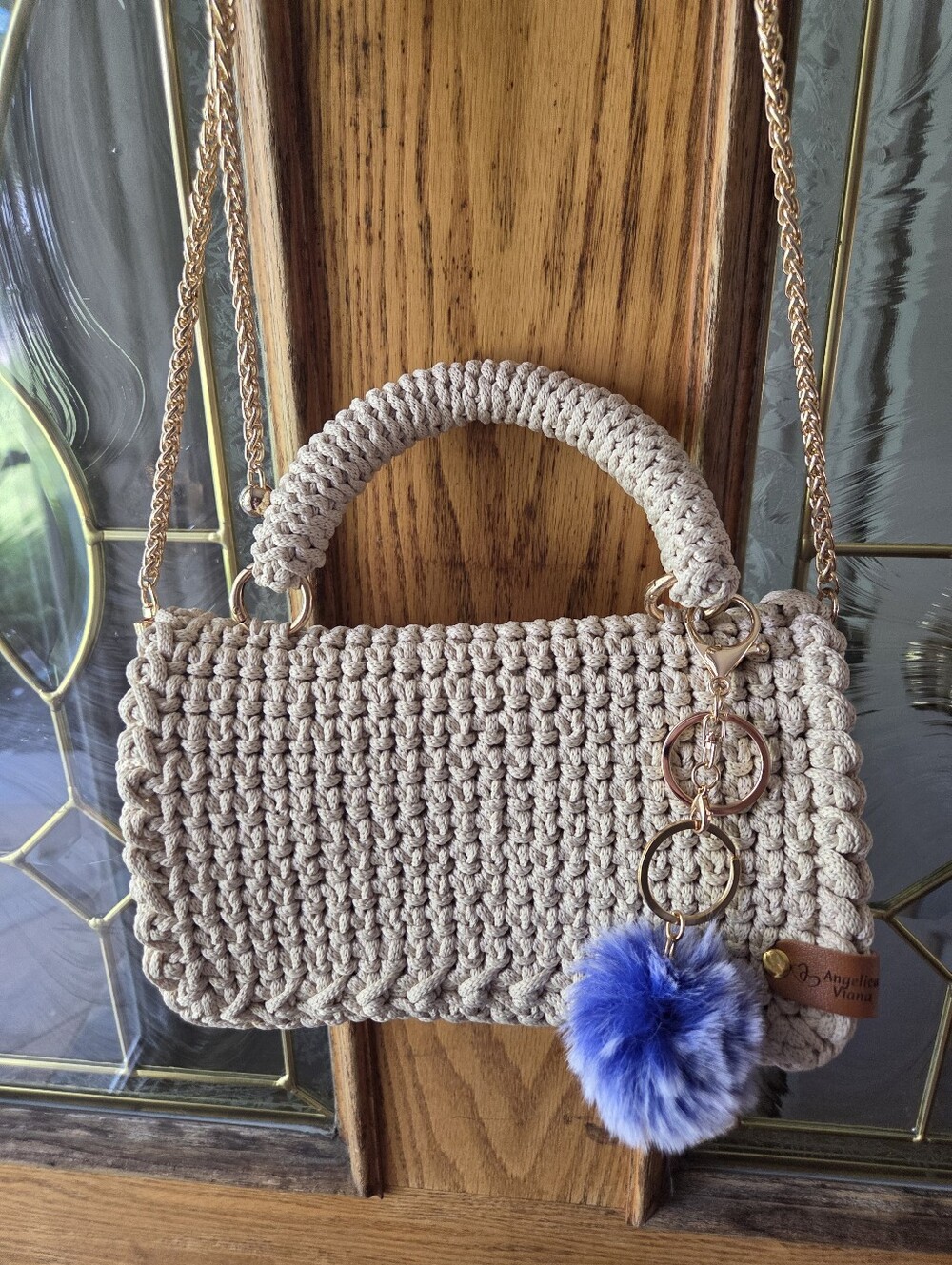 Handmade Beige Crochet/Crossbody Satchel with Blue Pom Charm